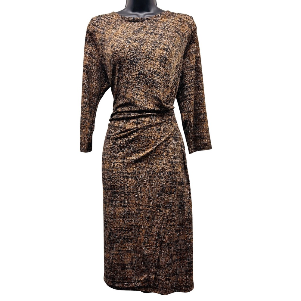 Talbots XL Brown Black Textured Print Faux Wrap Ruched Sheath Dress 3/4 Sleeve